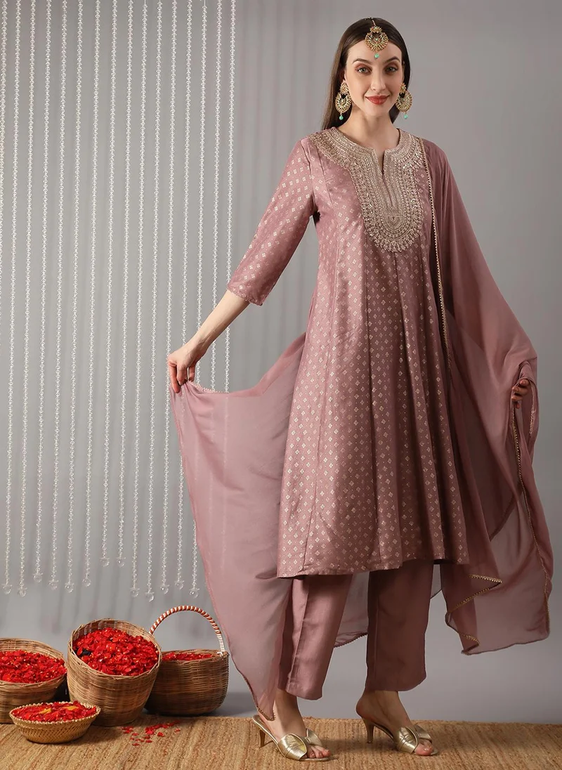 globus Globus Women Pink Sequin Embroidered Yoke Gold Foil Print Panelled Anarkali Kurta With Pants & Gotta Patti Dupatta Festive Set